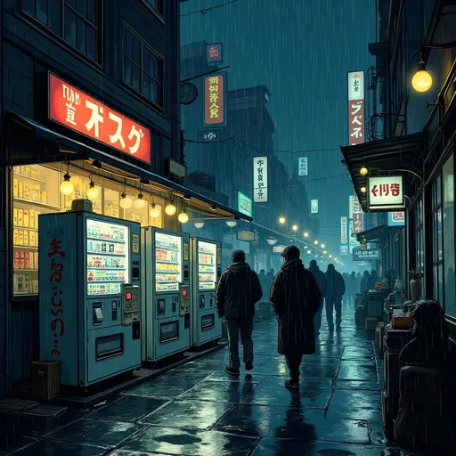 Prompt: tokyo vending machines and cafe in the style of jack kirby. eerie beauty. raining at night. people moving, people pondering. future tense but familiar. not dystopian, but different than the present.