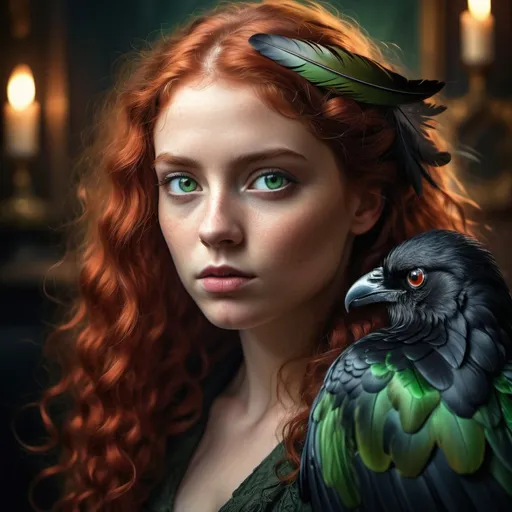 Prompt: Beautiful young woman with (brilliant green eyes), (long red curls), (stoic expression), (raven on her shoulder), captivating gaze, intelligent aura, rich detail in (hair texture) and (feather patterns), moody lighting for dramatic contrast, surrounding atmosphere of mystery and intrigue, high detail, ultra-detailed, (4K).