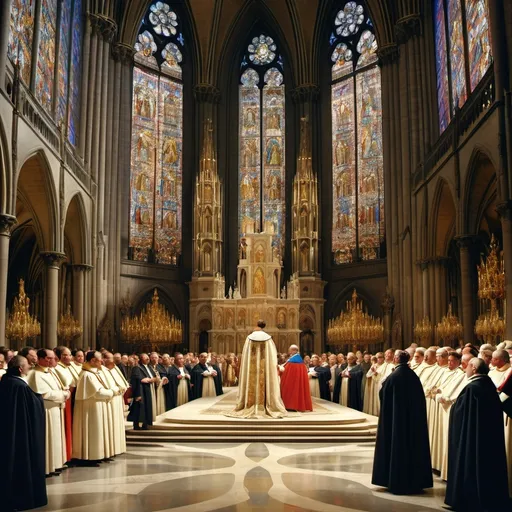 Prompt: "Napoleon Bonaparte inside the grand Notre Dame Cathedral during his coronation. He stands confidently, holding a crown in his hands, placing it on his own head, with Pope Pius VII seated nearby, looking surprised. The scene is illuminated by golden light filtering through massive stained-glass windows, with an audience of nobles and clergy watching in awe."