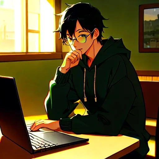 Prompt: Man with black hair, green hoodie, glasses, casual outfit, laptop, cozy cafe, digital illustration, detailed facial features, warm and cozy atmosphere, high quality, digital art, cozy atmospheric lighting, indoor setting, professional, warm lighting