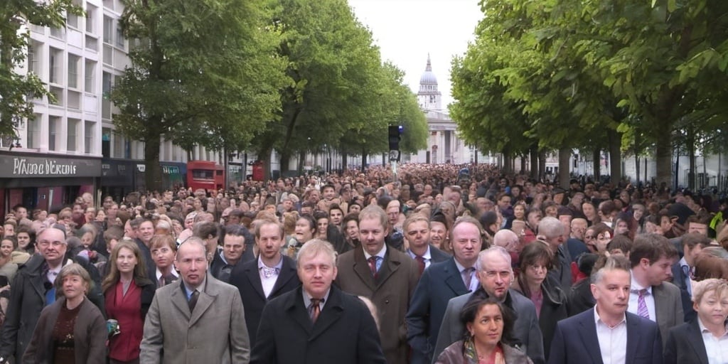 Prompt: Thousands of people walking out of London