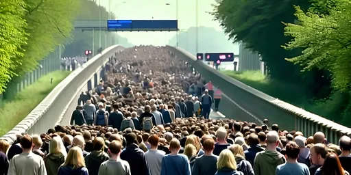 Prompt: Thousands of people walking on motorway away from London