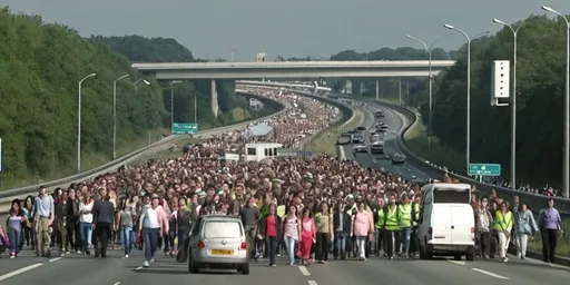 Prompt: Thousands of people walking down motorway