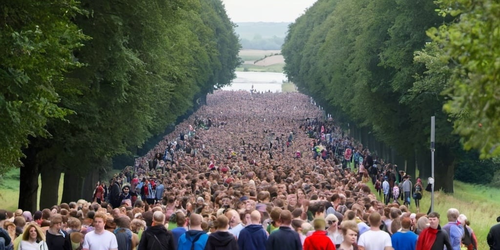 Prompt: Thousands of people walking out from London into countryside