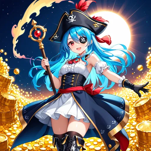 Prompt: woman (blue hair), (red eyes), black eyepatch, black pirate hat with "A" symbol, white dress with blue skirt, (black thigh highs), gray boots, imaginative atmosphere, playful mood, whimsical background with treasure chests and colorful art supplies, vibrant colors, sunlight illuminating the scene, (ultra-detailed), enchanting and adventurous ambiance, holding a staff, Paintbrush staff, rainbow gem on staff