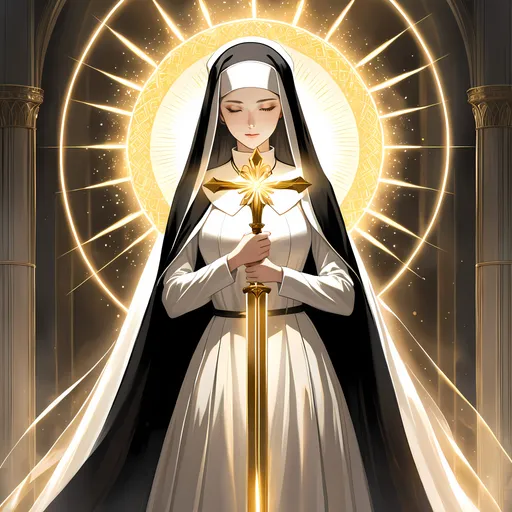 Prompt: (Nun), white dress, holding a (golden sword), radiating a (golden aura), surrounded by a (halo), with a mesmerizing (golden fire) flickering around her. Ethereal lighting enhances the divine presence, creating a serene yet powerful atmosphere, showcasing a balance between grace and strength. Background features soft, muted colors to emphasize her brilliance, capturing a (high quality) and (ultra-detailed) composition.