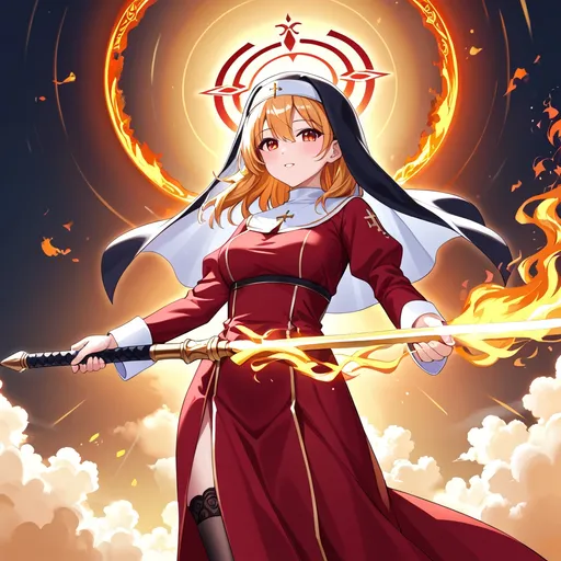 Prompt: (Nun), ethereal figure in a flowing (red dress), wielding a brilliant (golden Axe), radiating a mesmerizing (golden aura), surrounded by a Flaming (halo), enveloped in stunning (golden fire), set against a dramatic backdrop of soft clouds and Shinning sunlight , evoking a sense of divine inspiration, ultra-detailed, cinematic quality, illuminating the scene in a warm, glorious glow. shining sun