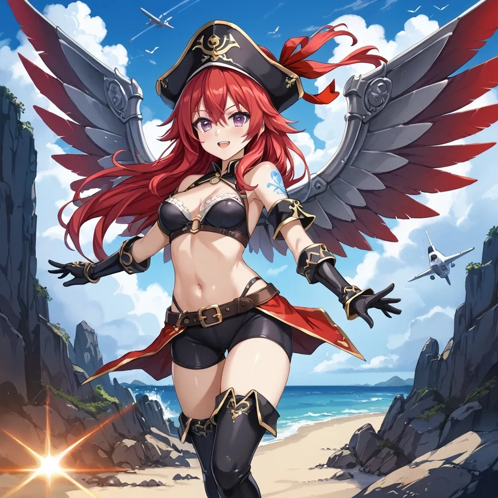 Prompt: Copy the Code has long red hair with dark purple eyes. Her attire has a blue green and red color scheme and consists of a crop top with a matching pirate hat with a "C" symbol, gauntlets with gloves and wings on the back. She also wears matching bike shorts with thigh high socks and boots. Her left side boasts a light blue tattoo that leads down to her left leg. jet wings, metal wings