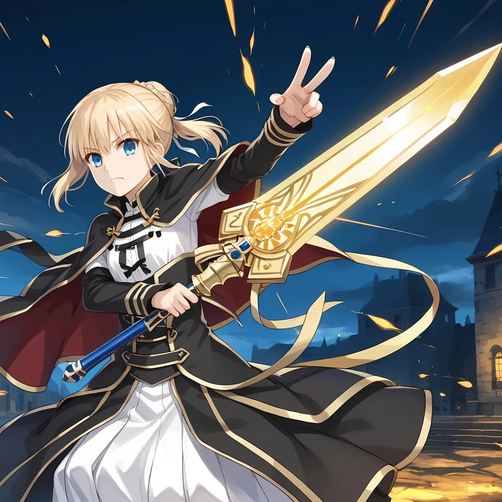 Prompt: fate . Saber, Excalibur Morgan, golden glow. Black capelet,