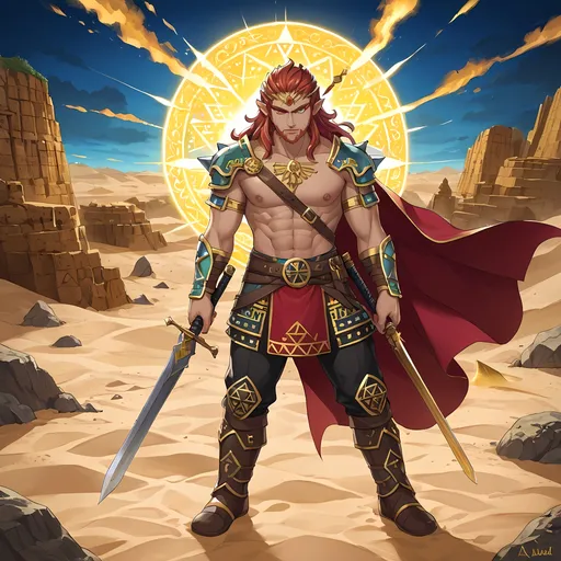 Prompt: (2D video game art) Ganon, wielding a broadsword, standing in a desert landscape filled with rocky formations and golden sand dunes, adorned with a majestic cape, surrounded by magical glimmers. The iconic golden triangle floats above, illuminating the scene with a warm glow, emphasizing the fierce atmosphere of adventure and fantasy. (Zelda style, vibrant colors, high detail).