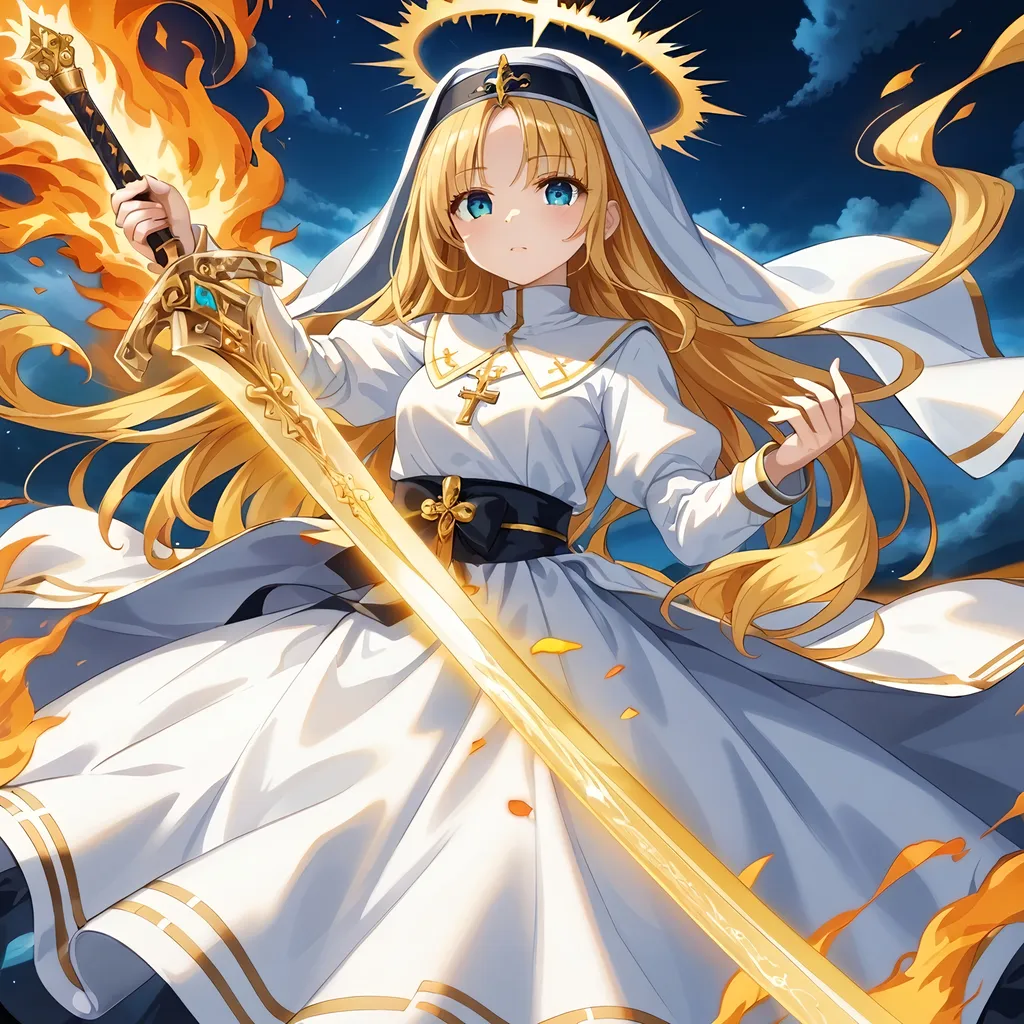 Prompt: (Nun), ethereal figure in a flowing (white dress), wielding a brilliant (golden sword), radiating a mesmerizing (golden aura), surrounded by a celestial (halo), enveloped in stunning (golden fire), set against a dramatic backdrop of soft clouds and heavenly light, evoking a sense of divine inspiration, ultra-detailed, cinematic quality, illuminating the scene in a warm, glorious glow.