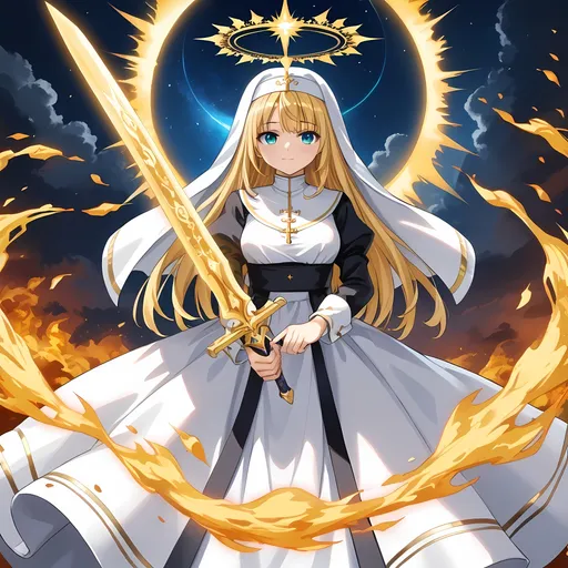 Prompt: (Nun), ethereal figure in a flowing (white dress), wielding a brilliant (golden sword), radiating a mesmerizing (golden aura), surrounded by a celestial (halo), enveloped in stunning (golden fire), set against a dramatic backdrop of soft clouds and heavenly light, evoking a sense of divine inspiration, ultra-detailed, cinematic quality, illuminating the scene in a warm, glorious glow.