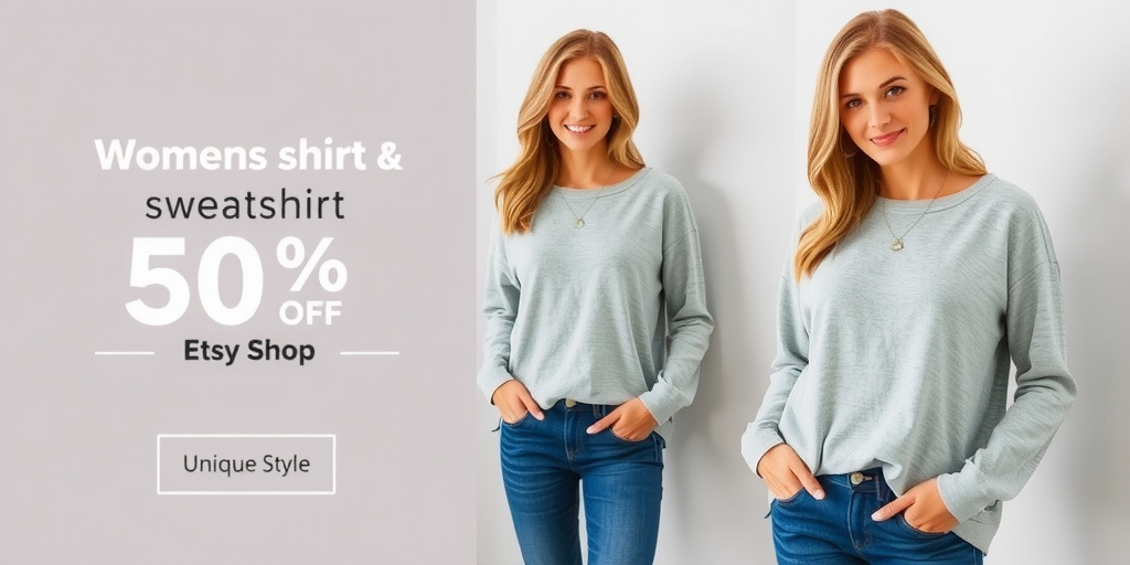 Prompt: Digital banner image for women's shirt and sweatshirt store, 50% off logo, Etsy shop banner, store name 'Unique Style', relaxed and confident, fashionable, sophisticated audience