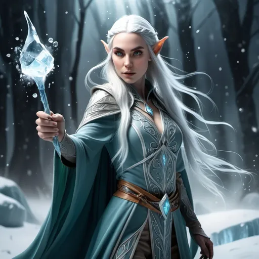 Prompt: A female elven wizard with a glass staff blasting a ray of ice