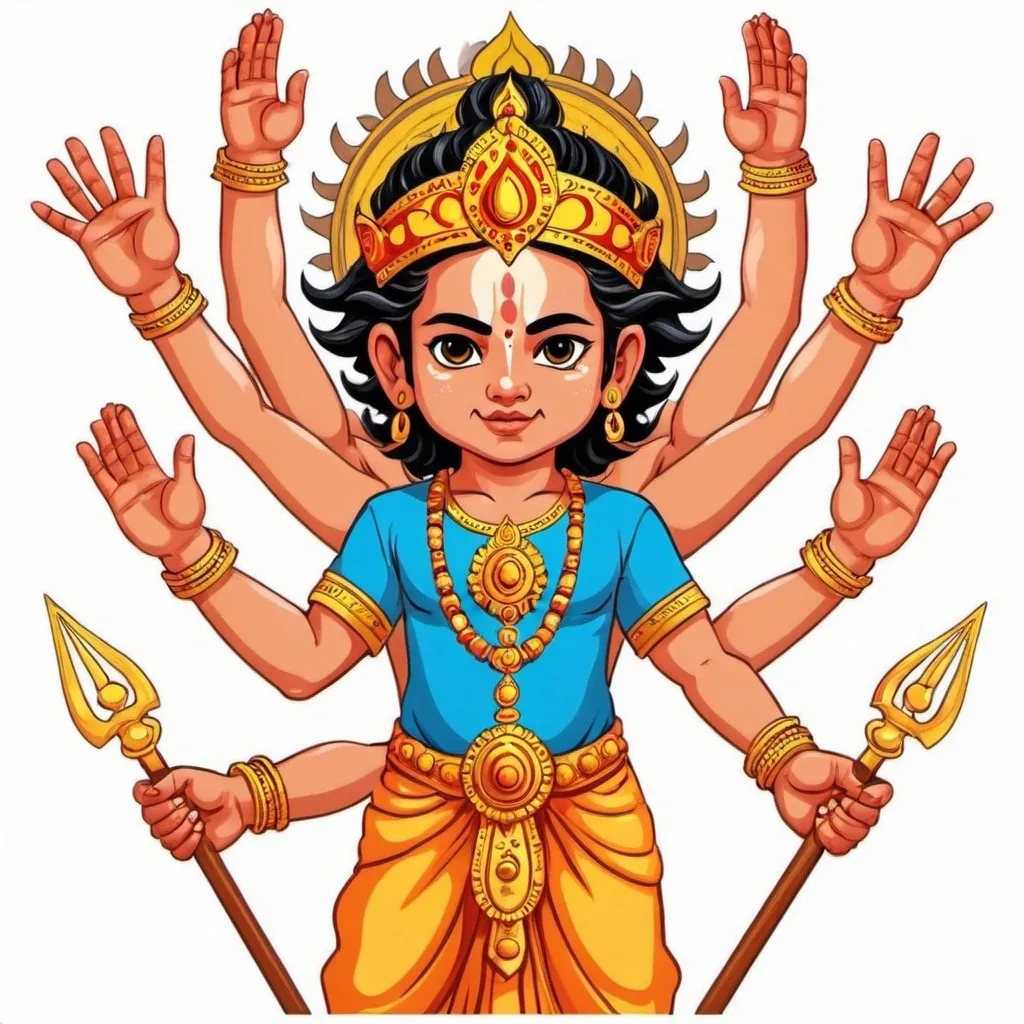 Prompt: A small boy wearing t shirt and shirts posing like goddess Durga with many hands and trident in two hands killing mahishasura clip art image 