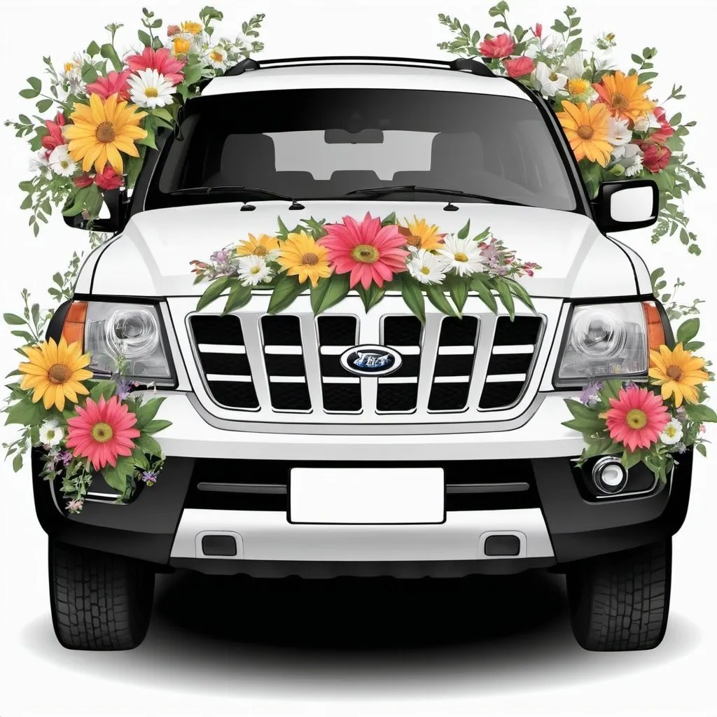 Prompt: black and white clip art SUV decorated with flowers 