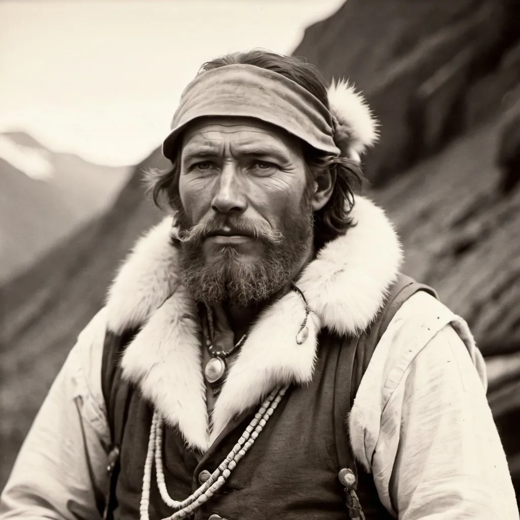 Prompt: A 19th century white american fur trapper with a beard living in the mountains with a bearclaw necklace