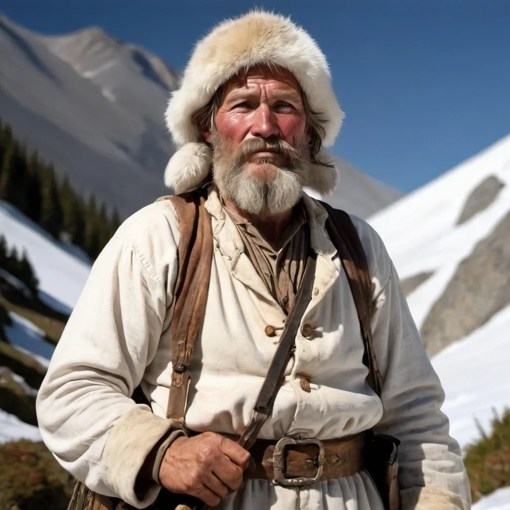 Prompt: A 19th century white american fur trapper with a beard living in the mountains