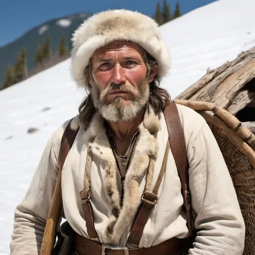 Prompt: A 19th century white american fur trapper with a beard living in the mountains