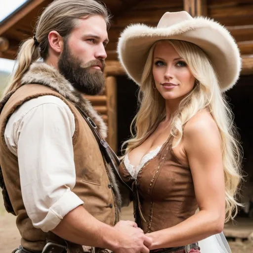 Prompt: Hot blonde cowgirl marrying a bearded fur trapper