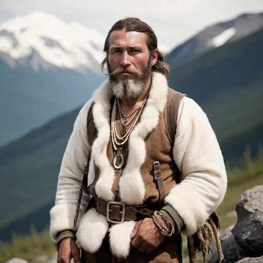 Prompt: A 19th century white american fur trapper with a beard living in the mountains with a bearclaw necklace