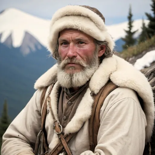 Prompt: A 19th century white american fur trapper with a beard living in the mountains