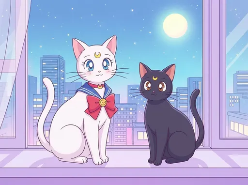 Prompt: sailor moon as a cat next to a black cat with a yellow cresent moon on the forehead they are in the cartoon style.