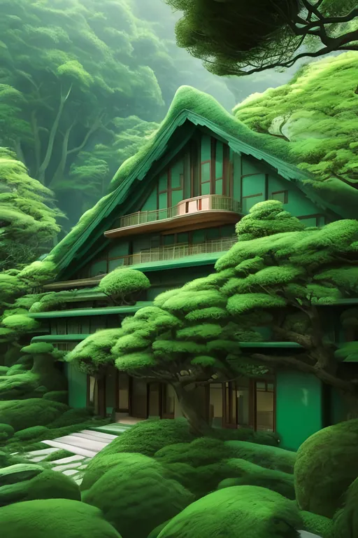 Prompt:  ghibli studio style house green forest, futuristic