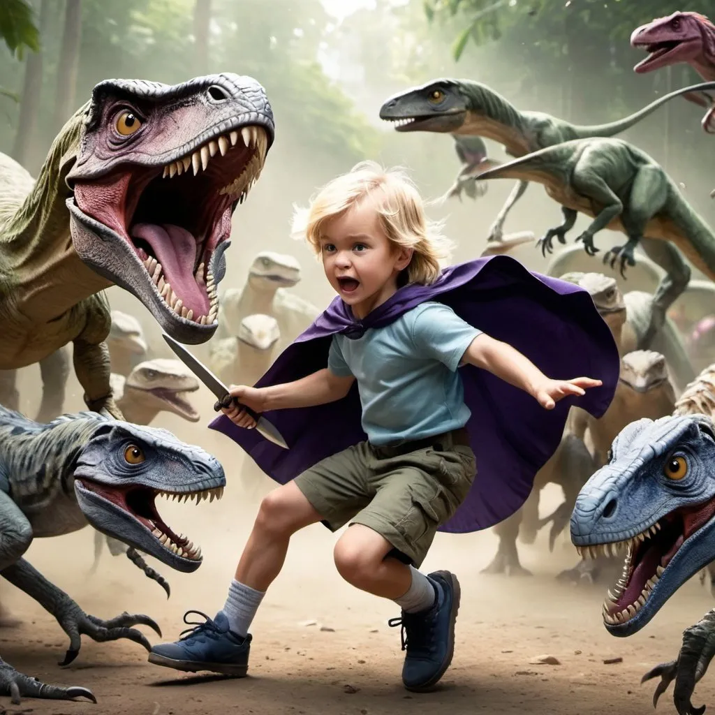 Prompt: A 4-year-old boy with long blond hair flying around his face is charging into a battle-ground with a sword.  He is surrounded by an army of Velociraptors (which are his friends).  The Velociraptors are quite small and have long feathers on their tails and short feathers on their necks.   The Velociraptors are greenish-grey.   The boy (mentioned above) is wearing blue shorts and purple shoes and has a long black cape.  