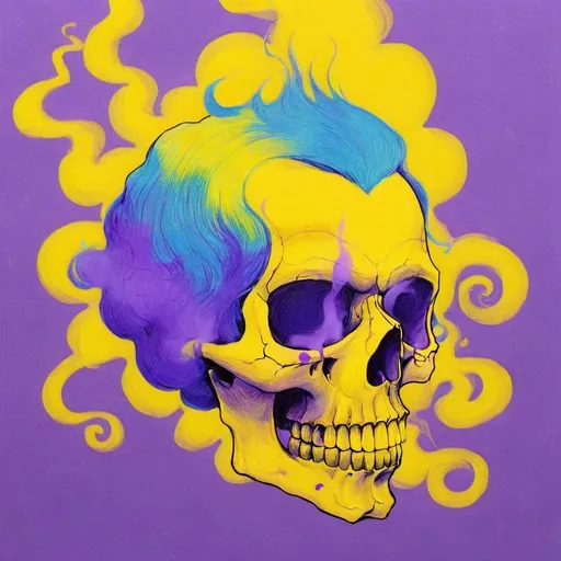 Prompt: Pop art, a skull with blue hair, purple smoke coming out of the sides, a yellow background