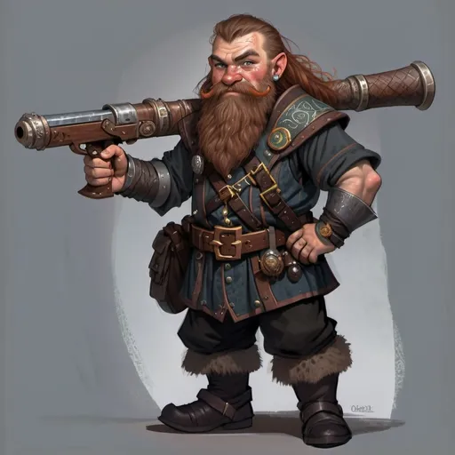 Prompt: a tan-skinned, stout, cheerful dwarf with hazel eyes and a makeshift gun. should be a medival style. He has thick brown hair and is about 4 foot 4 inches tall