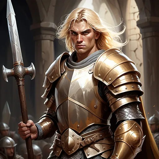 Prompt: full body portrait of a strong numenorian warrior, blond hair, armour , hammer and shield, d & d, fantasy, intricate, highly detailed, digital painting, art station, concept art, smooth, sharp focus, illustration, art, epic background