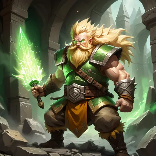 Prompt: Blonde Dwarven hero with weapon going super saiyan up with a green aura and preparing to do a heroic combat, d & d, fantasy, intricate, highly detailed, digital painting, art station, concept art, smooth, sharp focus, illustration, art, epic background