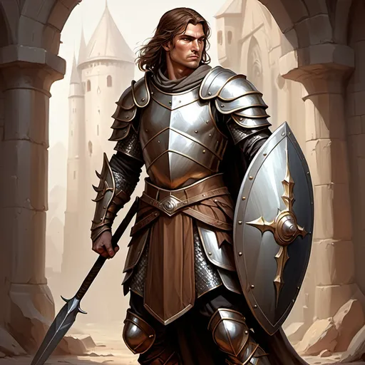 Prompt: full body  portrait of a handsome numenorian warrior, brown hair, armour ,spear and shield, d & d, fantasy, intricate, highly detailed, digital painting, art station, concept art, smooth, sharp focus, illustration, art, epic background