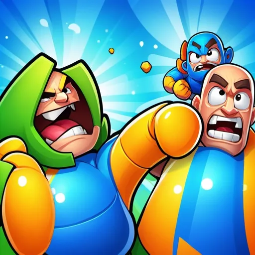 Prompt: (icon for the game “Free For All”), (text “Free For All”), dynamic clash of two block characters, intense punching action, vibrant colors, energetic atmosphere, bold and striking visual style, high-impact design, playful and fun mood, detailed background featuring abstract shapes, ultra-detailed, HD quality.