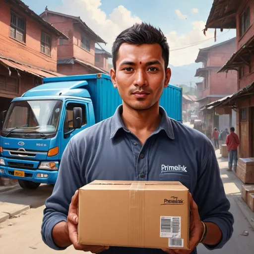 Prompt: Detailed illustration of a man holding a package, with a truck in the background, showcasing 'Primelink Logistics' in Nepal, vibrant and realistic, detailed facial features, high-quality textures, professional digital painting, warm lighting, realistic colors, focused details, urban setting, Nepalese landscape, trendy, modern style, detailed truck design, medium shot, clear and crisp, expressive eyes, highres, professional, urban, warm lighting, detailed features, realistic, vibrant colors, cityscape