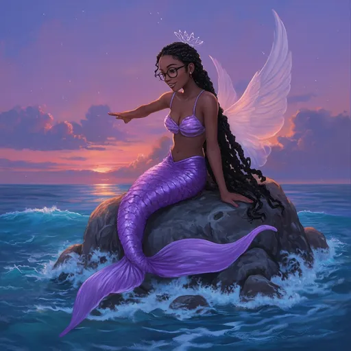 Prompt: soft dark skin tall black girl with cute face structure who is wearing black glasses. also her hair is a big black box braids She is wearing a purple mermaid top with a long purple angelic  magical mermaid tail . Behind her is a sunset night type of background she also has a tiny tiara  above her head. She is also smiling while pointing looking down at the ocean while laying on a rock like Ariel in the little mermaid  on looking longingly at the ocean and its creatures with a big smile