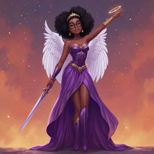 Prompt: soft dark skin tall black girl with cute face structure who is wearing black glasses. also her hair is a big black afro in two big puffs. She is wearing a purple strapless dress with a short train and her heels are long and purple she also is wearing golden earrings and also she has a warrior tiara on like wonder women and she also has angel wings on her back. Behind her is a sunset night type of background she also has a mini halo above her head. She is also smiling while pointing her long shera inspired sword to the sky her sword also has angel wings on the handles.