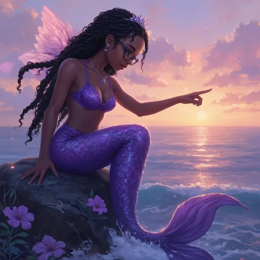 Prompt: soft dark skin tall black girl with cute face structure who is wearing black glasses. also her hair is a big black box braids She is wearing a purple mermaid top with a long purple angelic  magical mermaid tail . Behind her is a sunset night type of background she also has a tiny tiara  above her head. She is also smiling while pointing looking down at the ocean on a rock she is resting on looking longingly at the ocean and its creatures with a big smile