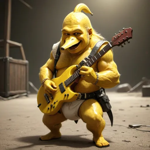 Prompt: Rockstar playing a banana guitar