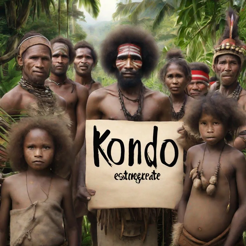 Prompt: Generate a realistic image of a tribe of Papua New Guineans villagers holding a sign with the name KONDO EASTGenerate a realistic image of a tribe of Papua New Guineans villagers holding a sign with the name KONDO EAST