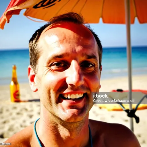 Prompt: Drunk man enjoying a sunny day at a Greek beach, vibrant beachwear, sunburnt skin, cheerful and carefree vibe, high quality, photorealistic, vibrant colors, beach holiday, tropical, sunburnt glow, relaxed atmosphere, colorful beach umbrella, lively, decorative beach accessories, beachside festivities, happy mood, warm lighting