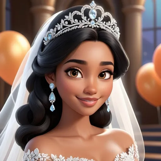 Prompt: Cartoon style, Pixar. A very detailed image of a young woman with black hair with peach gradient. Light brown eyes, light makeup, wear a very detailed wedding dress: white color, long, silky and flowing. Makes a happy face at the camera. Tiara and wedding vail in the head. Heavenly Beauty, sharp focus, perfect anatomy, highly detailed, detailed and high quality background of party reception at a venue themed in light blue and light gray colors.