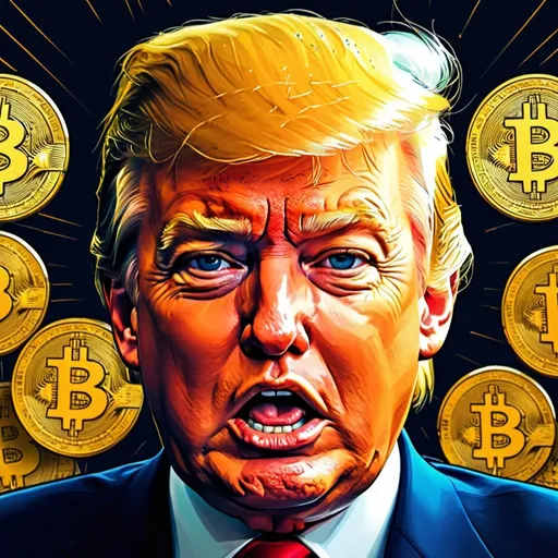 Prompt: Donald Trump as a Bitcoin meme, digital illustration, exaggerated facial expression, vibrant and bold colors, comic style, Trump's iconic hairstyle in bitcoin gold, intense and exaggerated facial expression, high quality, comic style, vibrant colors, digital illustration, exaggerated features, meme-worthy