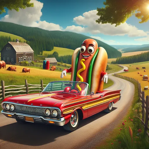 Prompt: Visual Concept:
Create an anthropomorphic “Hotdog Man” character cruising down a scenic rural road on a bright summer day. The Hotdog Man should have a classic hotdog bun for a body, complete with expressive eyes and a friendly smile. His limbs can be creatively designed using condiments like ketchup and mustard to add character and whimsy.

Vehicle Details:
He’s driving a vibrant 1960s muscle car—preferably a bright red Ford Mustang or Chevrolet Camaro. The car should feature gleaming chrome accents, bold racing stripes, and large, rounded headlights typical of the era. Ensure the windows are down, showcasing retro-style dials and a colorful dashboard inside.

Setting:
Depict a picturesque rural landscape in full summer bloom. Rolling green hills extend into the distance, dotted with wildflowers and tall, leafy trees. A rustic wooden fence runs alongside the road, and in the background, include a charming farmhouse with a white picket fence. The sky should be a clear blue with a few fluffy white clouds, and the sunlight casts a warm, golden hue over the entire scene.

Additional Elements:
Add playful details such as farm animals grazing nearby or butterflies fluttering around. The Hotdog Man might be holding a picnic basket in one hand or waving to a friend in another vehicle passing by, enhancing the joyful and carefree atmosphere of the scene.