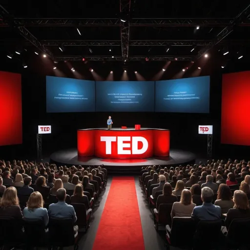 Prompt: Photorealistic image just of a ted talk stage spotlight on speaker, focused audience, detailed high quality, photorealism, professional lighting, professional setting, TED Talk, detailed 