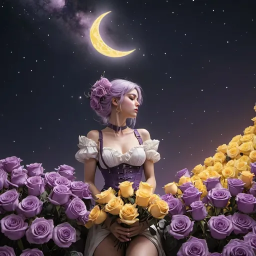 Prompt: awoman holdind a big boquet of roses purplewhitepinkyellow the stars and moon sophisiquetedwitha squirk and holster top with a gunon her thigh