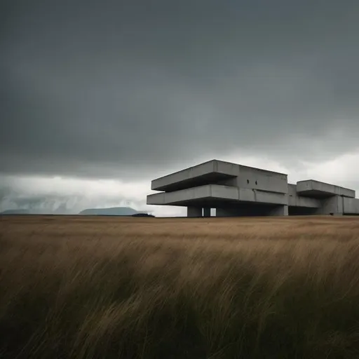 Prompt: brutalist sci-fi building in the middle of a vast, grassy valley on an ominous evening