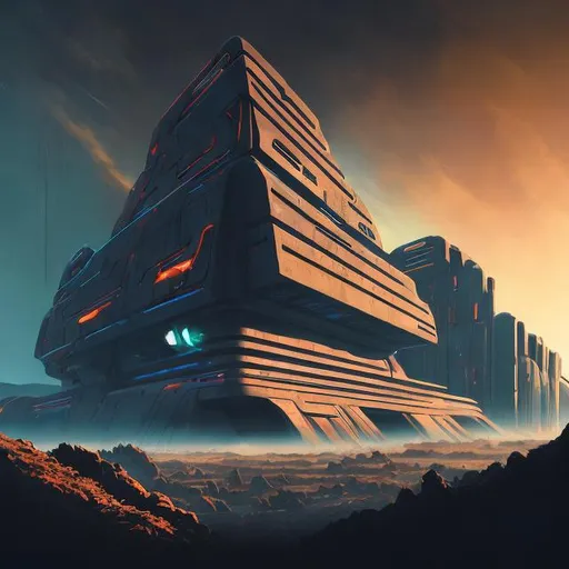 Prompt: Neo-brutalist sci-fi building with Tron-like illuminated interior, expansive grassy valley, mountainous surroundings, ominous evening atmosphere, high-res, detailed, sci-fi, neo-brutalist architecture, illuminated interior, mountainous landscape, ominous atmosphere, evening lighting, professional, detailed