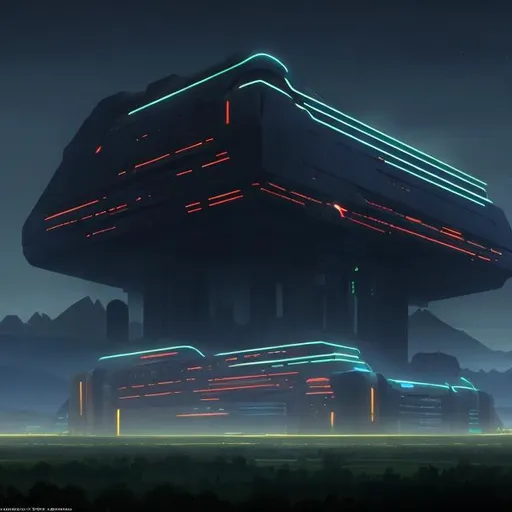 Prompt: neo brutalist sci-fi building with an appearance like the Tron movie in the middle of a vast, grassy valley surrounded by mountains on an ominous evening